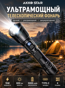 Фонарь ручной светодиодный AKKOSTAR 183*54*38мм телескопический 15W/800lm 3000mAh+Powerbanc Type-c