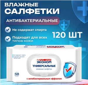Салфетки влажные  Эконом smart №120 антибактериальные универсальные с пластиковым клапаном